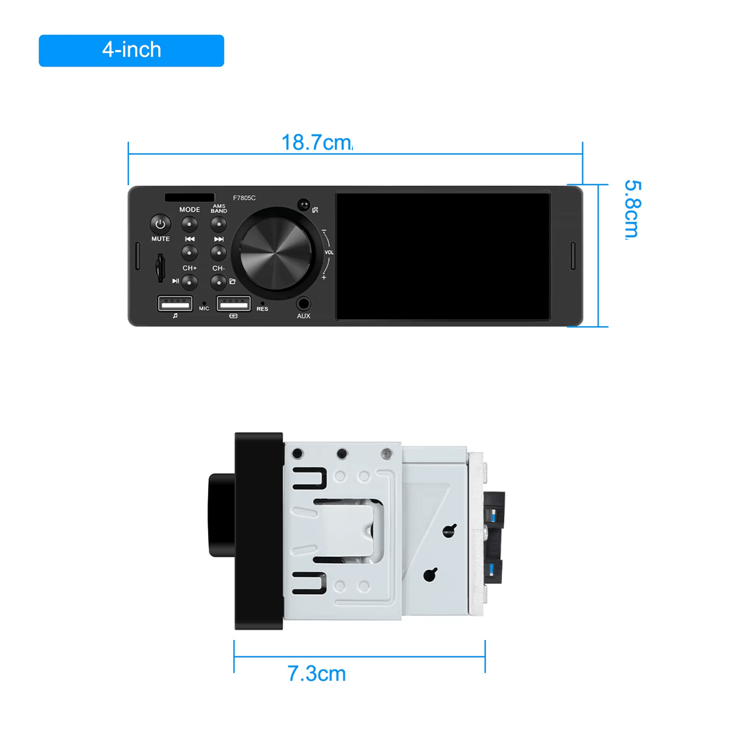 Universel - 4" 1-din radio m. Apple Carplay og Android Auto (kablet) med mål og tilslutninger.