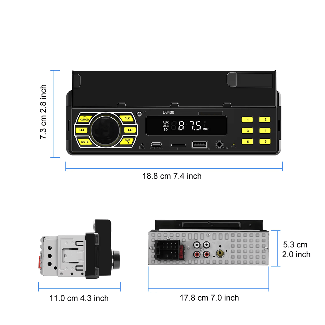 Universel 1-DIN Radio med telefonholder, USB-C og Bluetooth 5.1 viser målinger og design.