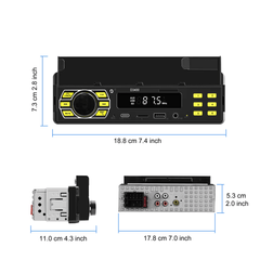 Universel 1-DIN Radio med telefonholder, USB-C og Bluetooth 5.1 viser målinger og design.