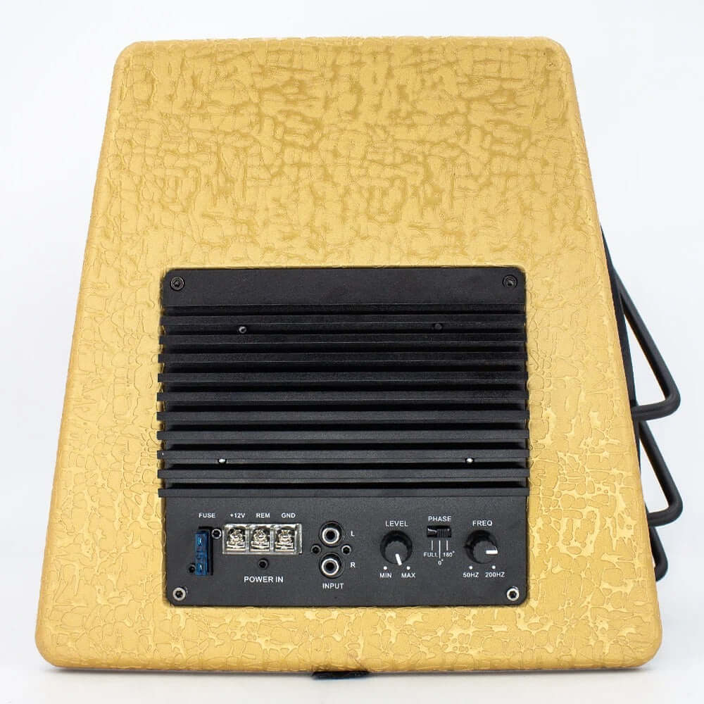 Subwoofer 10" 3800 W rear view with power input, level adjustment, and black grill.