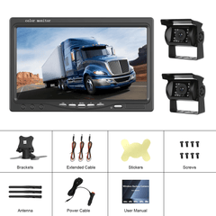 Trådløst bakkamerasæt med 7" IPS-skærm og 2 kameraer – 1080P AHD, produktbillede med skærm og kameraer til lastbil.