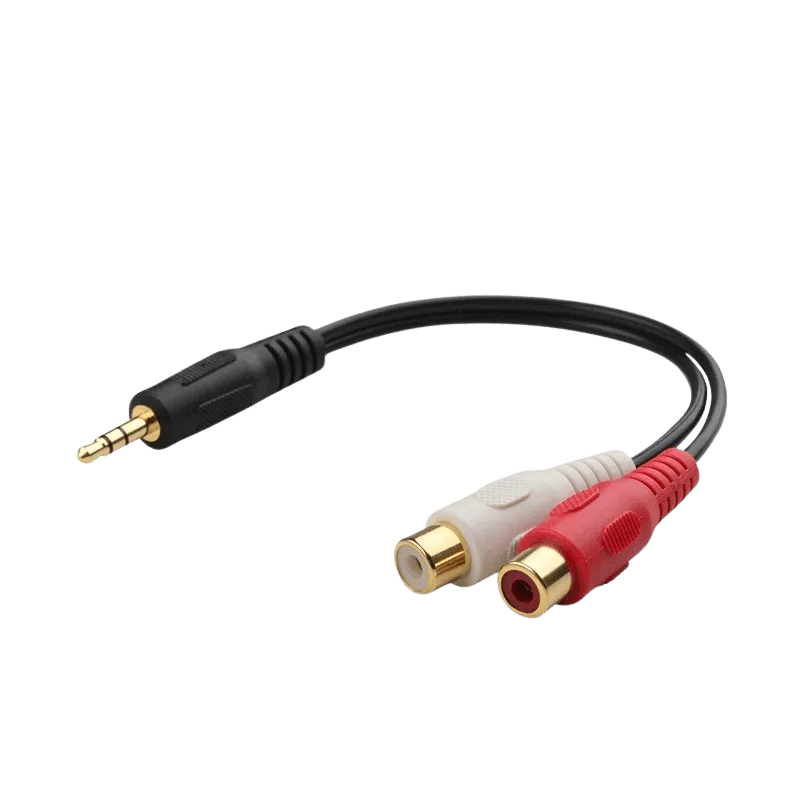 3,5 mm AUX jack (han) til RCA (hun) splitter med 3,5 mm jack-han og to RCA-hun stik (rød og hvid).