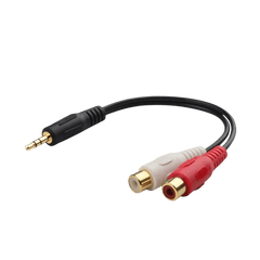 3,5 mm AUX jack (han) til RCA (hun) splitter med 3,5 mm jack-han og to RCA-hun stik (rød og hvid).